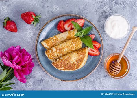 Hot Sweet Pancakes With Fresh Strawberries Photo Stock Image Image