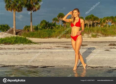 Beautiful Blonde Bikini Model Enjoys Weather Outdoors Beach Stock Photo By Actionsports