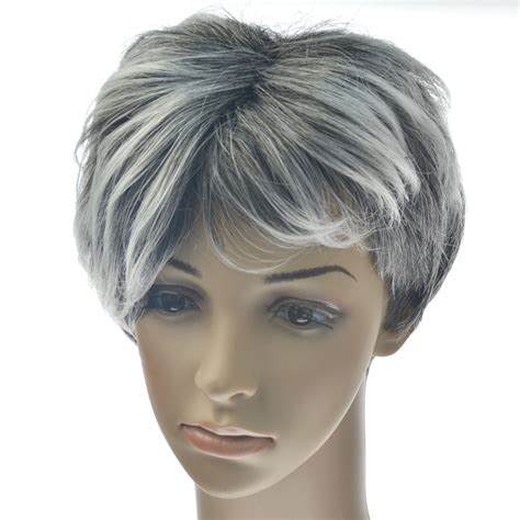 Short Pixie Cut Ombre Silver Grey Wigs Natural Gray Hair Short Straight