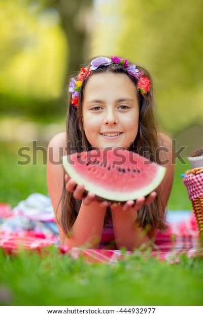 Little Girl Eat Watermelon Park Stock Photo 444932977 Shutterstock