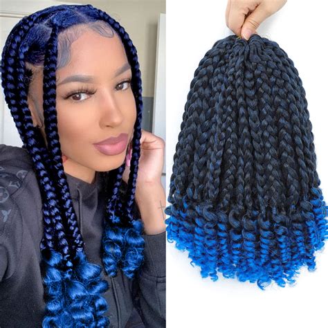 Buy 6 Packs Crochet Box Braids Curly Ends Ombre Blue Hair Extensions 10