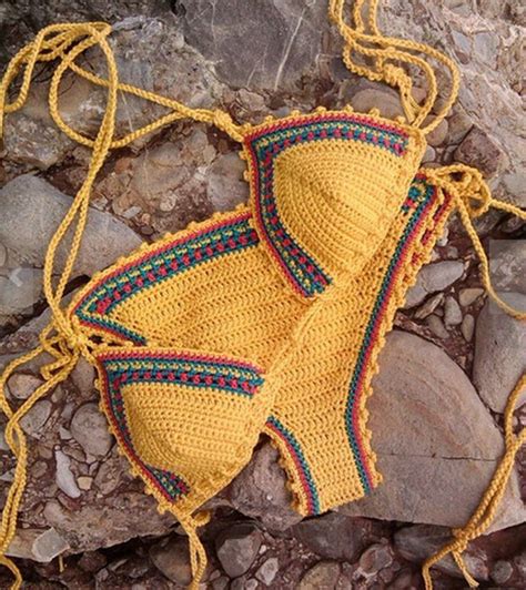yellow handmade crochet knit bikini crochet bikini set crochet swimwear crochet bathing suits