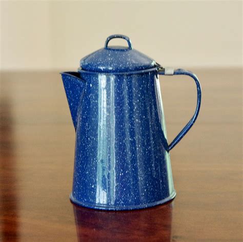 Vintage Blue Enamel Coffee Pot With Silk Gerbera Daisy Flower Etsy