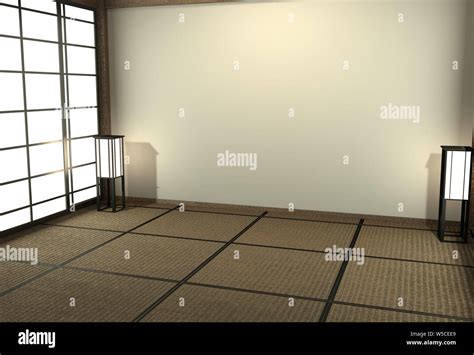 Empty Japanese Living Room Interior Minimal Design With Tatami Mat