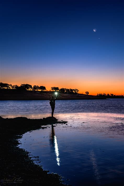 A Stargazer With Mercury Venus Moon And Pleiades Above Alqueva Lake