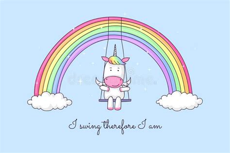 Cartoon Unicorn Swinging On A Rainbow Stock Vector Illustration Of