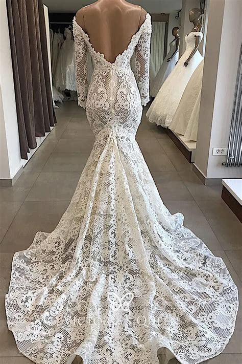 Sheer Lace Off Shoulder Long Sleeve Mermaid Bridal Gown Vq