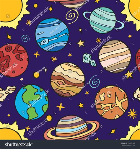 Solar System Planets Seamless Pattern Handdrawn Image Vectorielle De