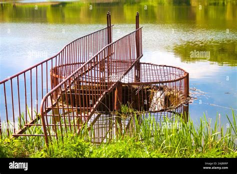 Spillway With Metal Railing On The Forest Lake Holosiivskyi National