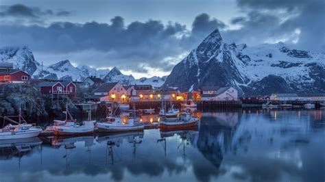 3840x2160 Norway Coast Houses Pier Sky Clouds Lights Boats