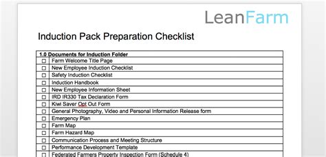 Leanfarm Induction Pack Preparation Check List Leanfarm