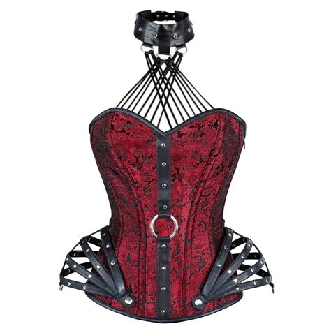 Spiral Steel Boned Gothic Overbust Corset With Attached Neck Gear Corset With Detachable Faux