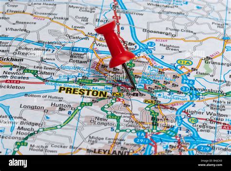 Red Map Pin In Road Map Pointing To City Of Preston Stock Photo Alamy