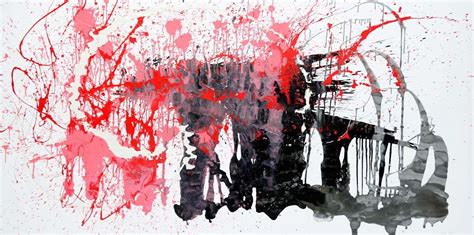 Splash Drip Painting In Red Black And White Enamel Paints