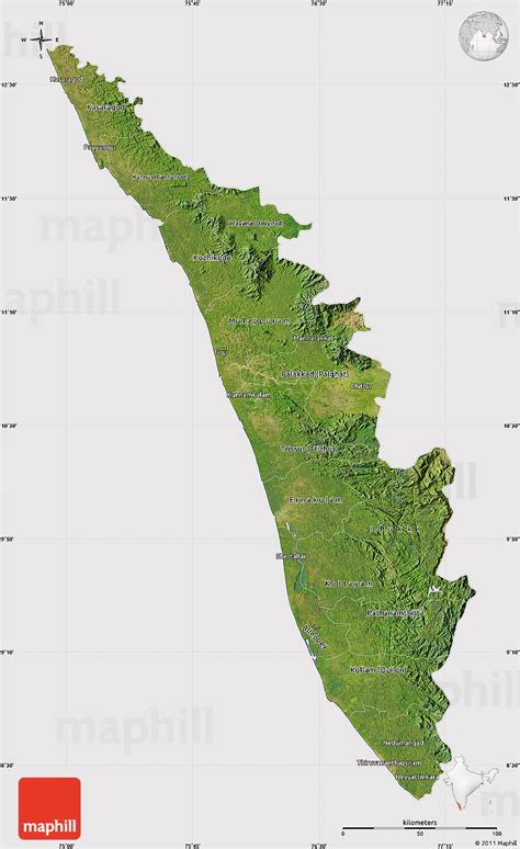 Each angle of view and every map style has its own advantage. Satellite Map of Kerala, cropped outside