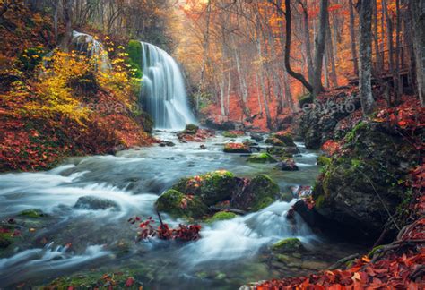 Waterfall At Mountain River In Autumn Forest At Sunset Stock Photo By