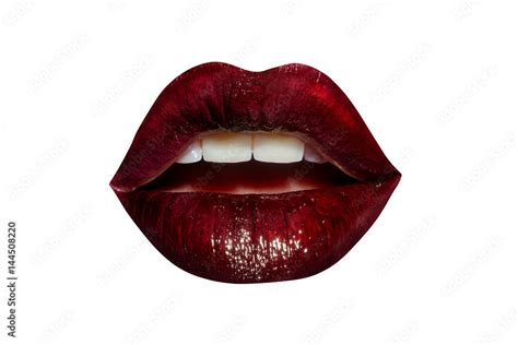 lips with burgundy lipstick isolated on white background female sensual mouth sexy teeth