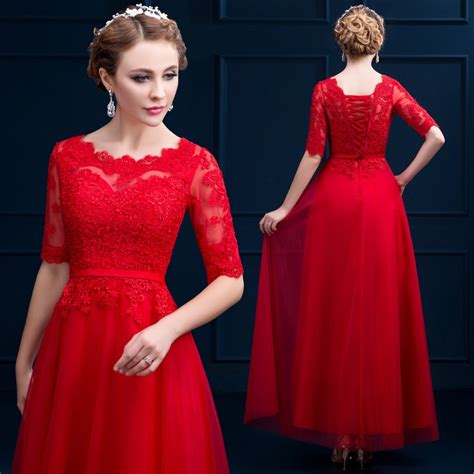 New Design Elegant Red Long Lace Evening Dress 2016 Cheap Half Sleeve