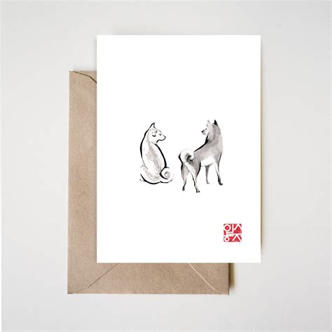 Two Shiba Inu Card Unique Sumi E Painting Japanese Cute Dog Etsy