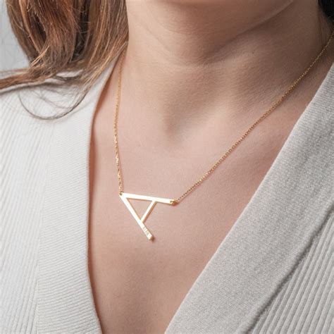 K Solid Gold Initial Necklace Sideways Personalized Etsy