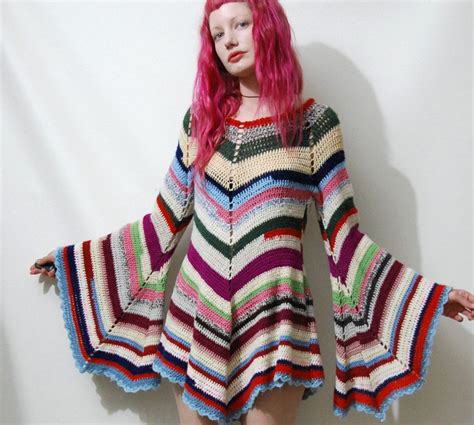Crochet Dress Vintage Colourful Stripe Granny Square Bell Sleeve Mini