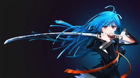 Wallpaper Illustration Long Hair Anime Girls Blue Hair Cartoon Katana Sword Black
