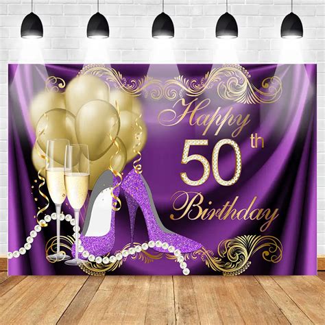 Happy 50th Birthday Backdrop Gold Balloons Purple Heels Photography