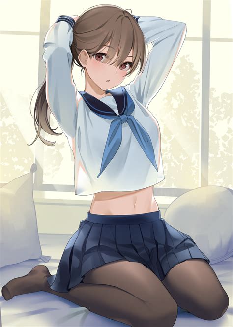 Kneeling Arms Up Brunette Icomochi Anime Anime Girls School
