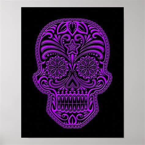 Intricate Purple Sugar Skull On Black Poster