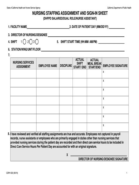 Nursing Staffing Assignment And Sign In Sheet Cdph 530 Fill And Sign