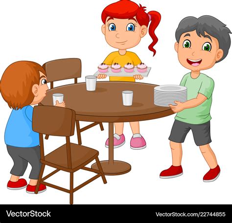 Cartoon Kids Setting Dining Table Placing G Vector Image