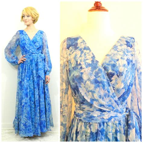 70s Vintage Blue Chiffon Maxi Dress Long By Pickinguppennies