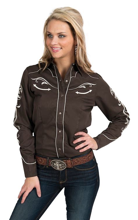 Roper Womens Brown Retro Western Shirt With Ivory Embroidery Western