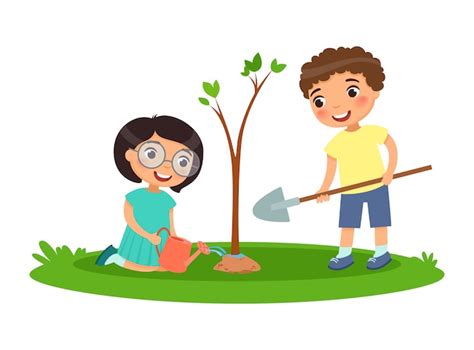 Niño Y Niña Para Plantar Y Regar árboles Vector Premium