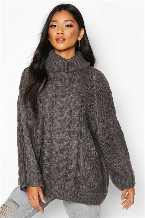 Roll Neck Oversized Cable Knit Jumper Boohoo Ladies Turtleneck