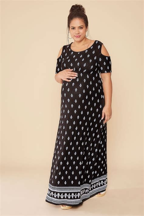 Bump It Up Maternity Black And White Paisley Print Cold Shoulder Maxi