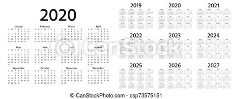 2020 Calendar Vector Illustration Template Year Planner Calendar
