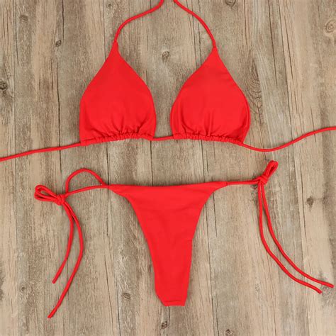 Summer Sexy Solid Bikini Sets Women Tie Side Gstring Thong Swimsuit Female Bandage Bathing Suit