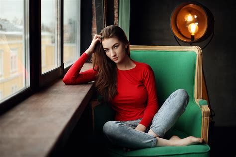 Women Sitting Nipples Through Clothing Legs Crossed Dmitry Arhar Jeans Window Red Tops