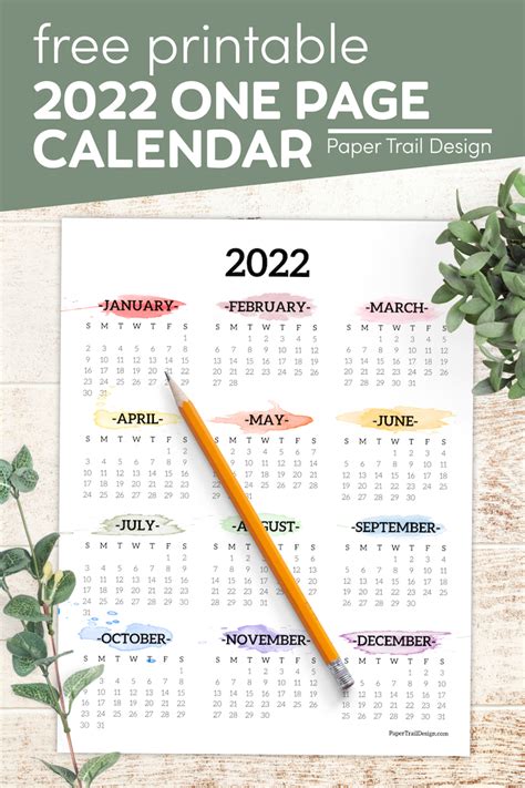 2022 One Page Calendar Printable Watercolor Paper Trail Design