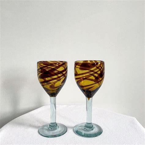 Vintage Mexican Hand Blown Bubble Wine Glasses In Amber And Dark Etsy