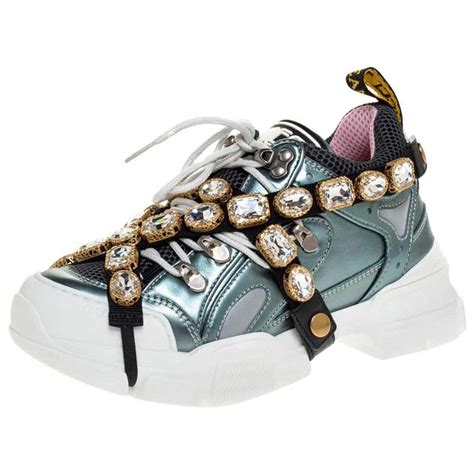 Gucci Metallic Leather And Mesh Flashtrek Removable Crystals Sneakers