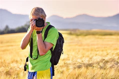 Professional Photographer Standing In Rye Field Stock Photo Image Of