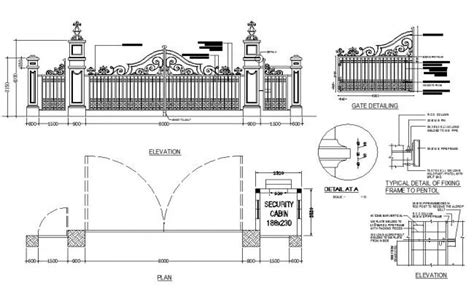Main Gate And Fence Elevation Plan And Installation Details Dwg File