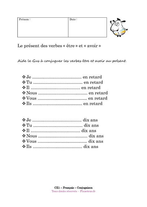 Exercice Corrigé Pour Le Ce1 Le Présent Des Verbes être Et Avoir