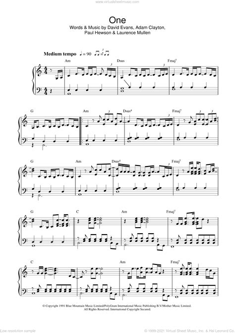 Classical, popular and original music. U2 - One sheet music for piano solo PDF-interactive