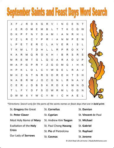 September Saints And Feast Days Word Search Printable Artofit