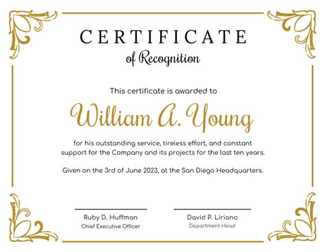 Golden Certificate Of Recognition Template