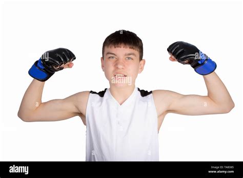 Caucasian Teenage Boxer Flexing His Muscles Stock Photo Alamy