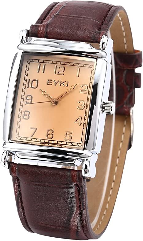 Eyki Classic Rectangle Dial Brown Leather Band Mens Couple Dress Wrist